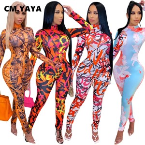 Tie Dye Letter Print Turtleneck Bodycon Jumpsuit for Women Sexy Club One Piece Overall Bodycon Rompers